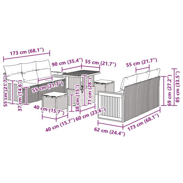 9-teiliges Garten Sofa Set mit Kissen Schwarz Poly Rattan Akazie