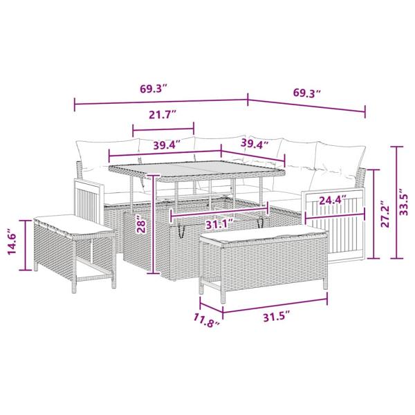 8-teiliges Garten Sofa Set mit Kissen Schwarz Poly Rattan Akazie
