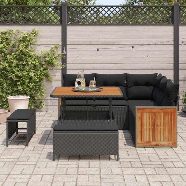 8-teiliges Garten Sofa Set mit Kissen Schwarz Poly Rattan Akazie