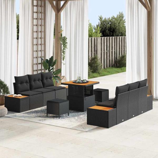 ARDEBO.de - 9-teiliges Garten Sofa Set mit Kissen - Schwarzes Poly Rattan und Akazie