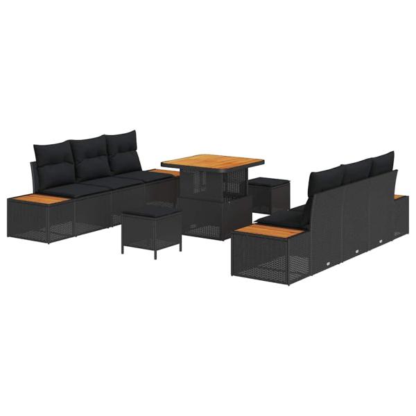 9-teiliges Garten Sofa Set mit Kissen - Schwarzes Poly Rattan und Akazie