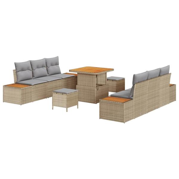 9-teiliges Garten-Sofa-Set mit Kissen Beige Poly Rattan Akazie