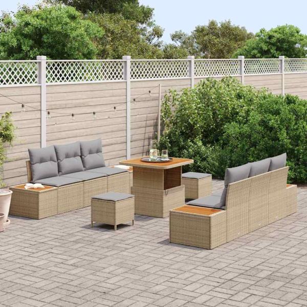 9-teiliges Garten-Sofa-Set mit Kissen Beige Poly Rattan Akazie