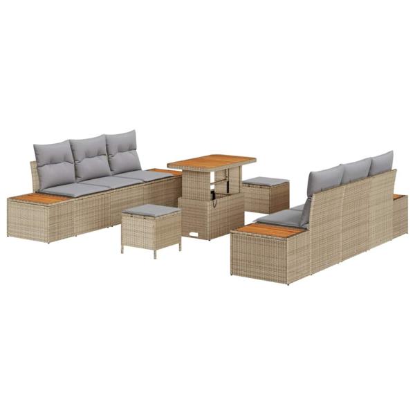 9-teiliges Garten Sofa Set mit Kissen in Beige aus Poly Rattan und Akazie