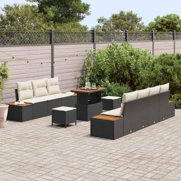 10-teiliges Garten-Sofa-Set mit Kissen Schwarz Poly-Rattan Akazie