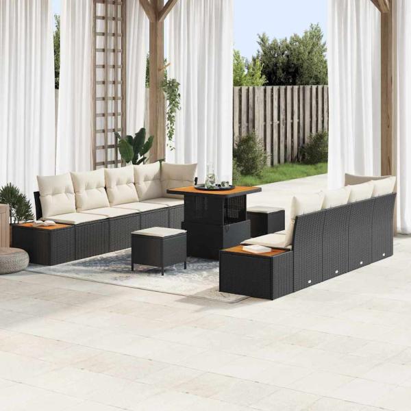 ARDEBO.de - 11-teiliges Garten Sofa Set mit Kissen Schwarz Poly Rattan Akazie