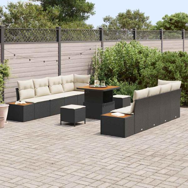 11-teiliges Garten Sofa Set mit Kissen Schwarz Poly Rattan Akazie
