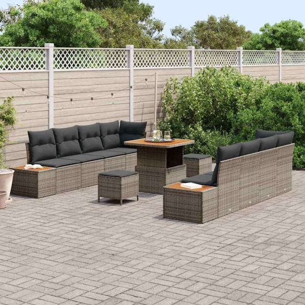 11-teiliges Garten-Sofa-Set mit Kissen Grau Poly Rattan Akazie