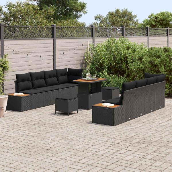 11-teiliges Garten-Sofa-Set mit Kissen Schwarz Poly-Rattan Akazie