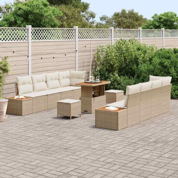 11-teiliges Garten Sofa Set mit Kissen Beige Poly Rattan Akazie