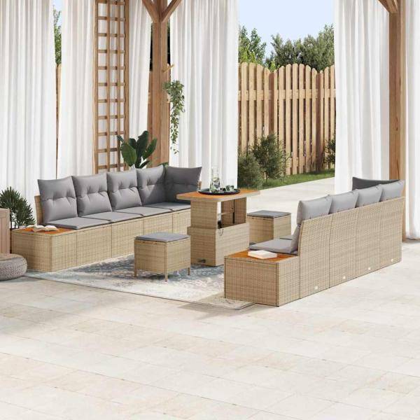 ARDEBO.de - 11-teiliges Garten Sofa Set mit Kissen Beige Poly Rattan Akazie