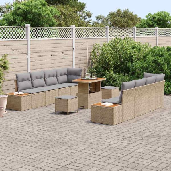 11-teiliges Garten Sofa Set mit Kissen Beige Poly Rattan Akazie