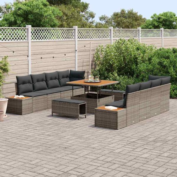 11-teiliges Garten-Sofa-Set mit Kissen Grau Poly-Rattan Akazie