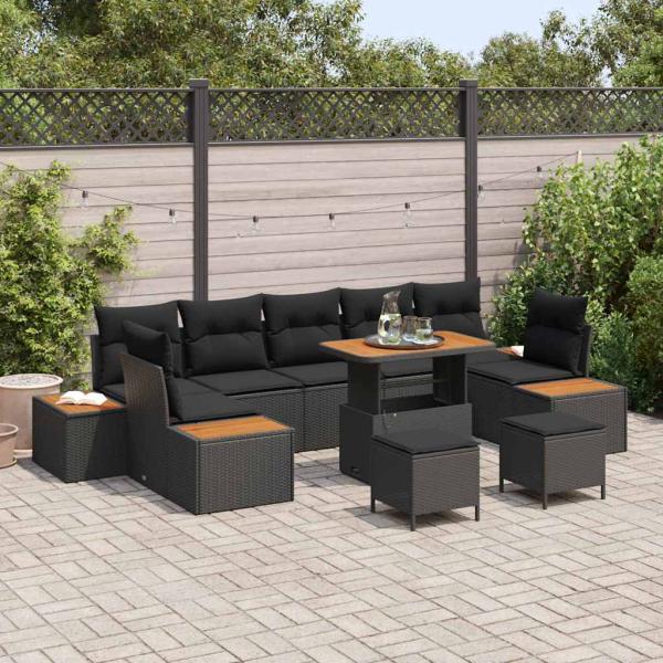 ARDEBO.de - 10-teiliges Garten Sofa Set mit Kissen Schwarz Poly Rattan Akazie