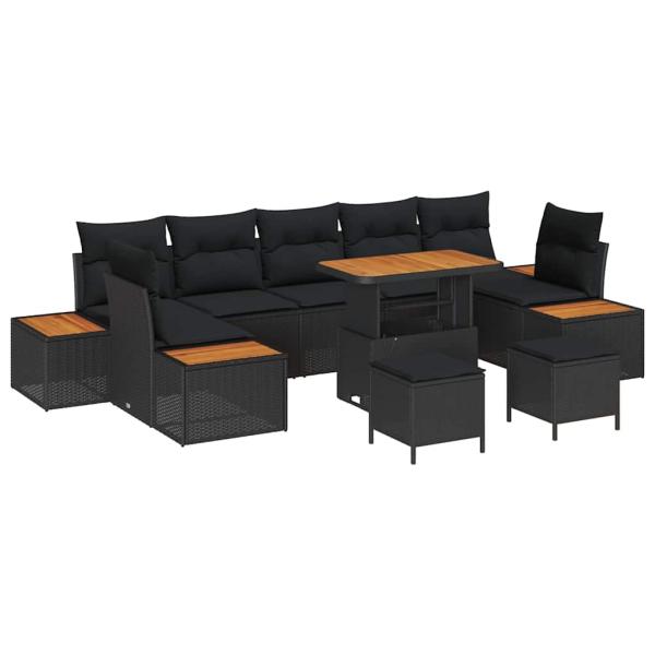 10-teiliges Garten Sofa Set mit Kissen Schwarz Poly Rattan Akazie