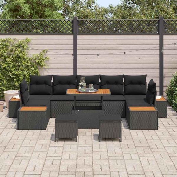 10-teiliges Garten Sofa Set mit Kissen Schwarz Poly Rattan Akazie
