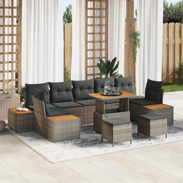 ARDEBO.de - 10-teiliges Garten Sofa Set mit Kissen Grau Poly Rattan Akazie