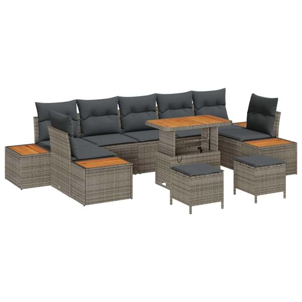 10-teiliges Garten Sofa Set mit Kissen Grau Poly Rattan Akazie