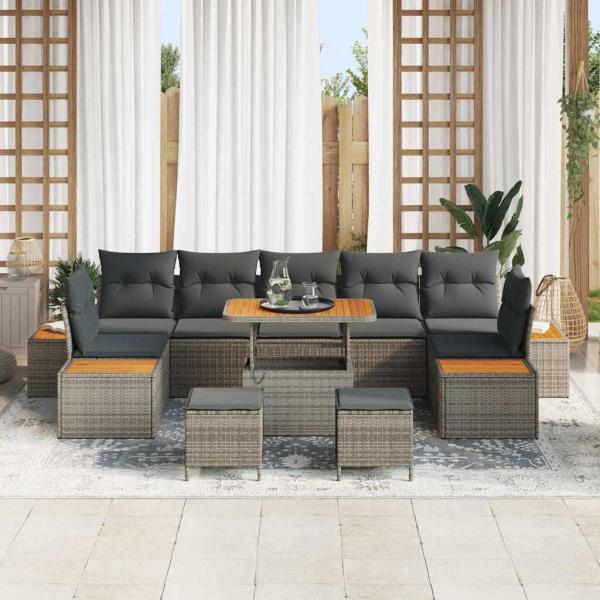 10-teiliges Garten Sofa Set mit Kissen Grau Poly Rattan Akazie