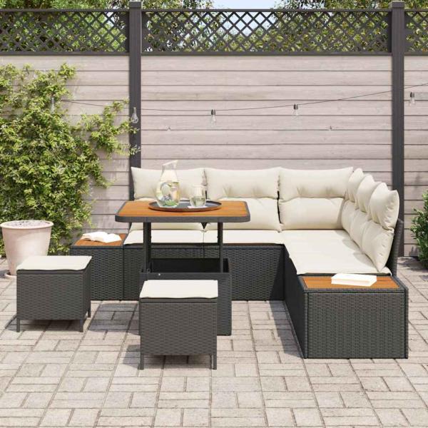 8-teiliges Garten-Sofaset mit Kissen Schwarz Poly-Rattan Akazie
