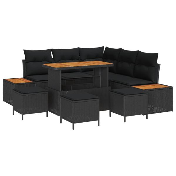 9-teiliges Garten-Sofa-Set mit Kissen - Schwarzes Poly-Rattan - Akazie