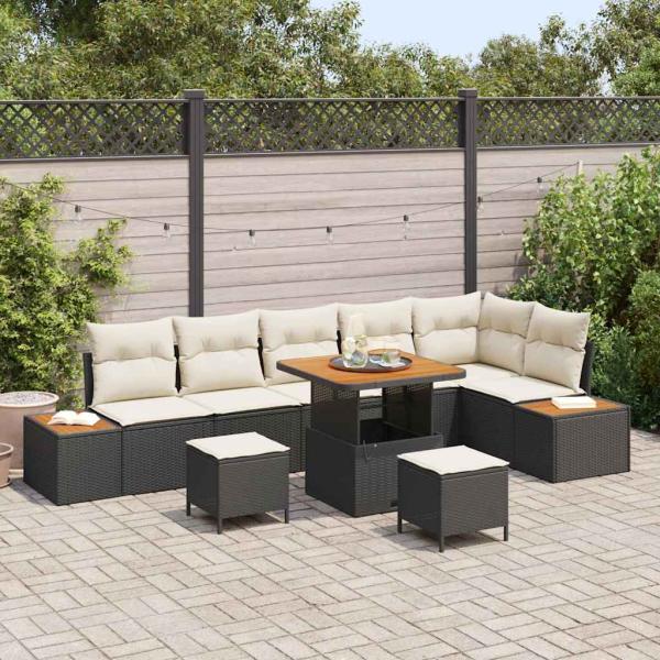 ARDEBO.de - 9-Teiliges Garten Sofa Set mit Kissen Schwarz Poly Rattan Akazie