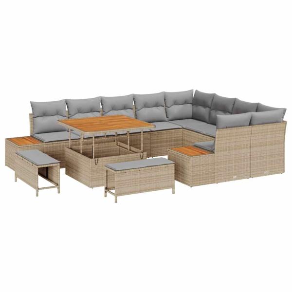 12-teiliges Gartensofa Set mit Kissen Beige Poly Rattan Akazie