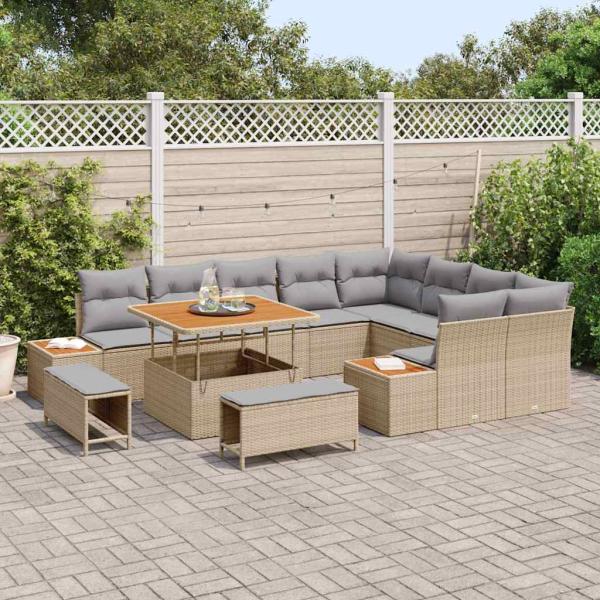 12-teiliges Gartensofa Set mit Kissen Beige Poly Rattan Akazie
