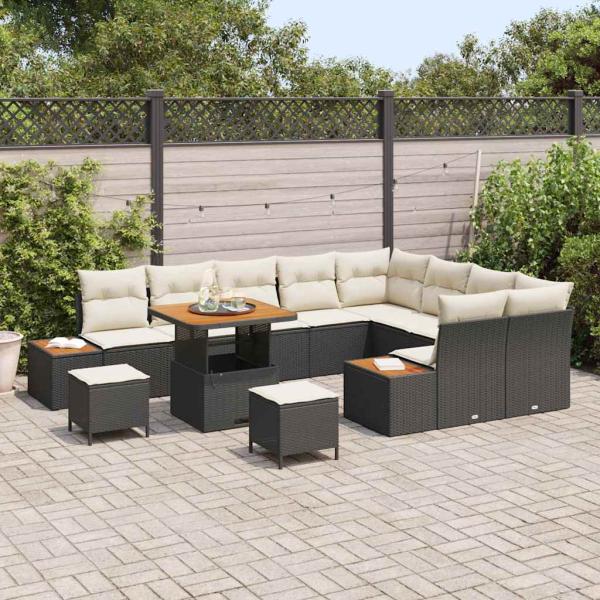 12-teiliges Garten-Sofa-Set mit Kissen Schwarz Poly-Rattan Akazie