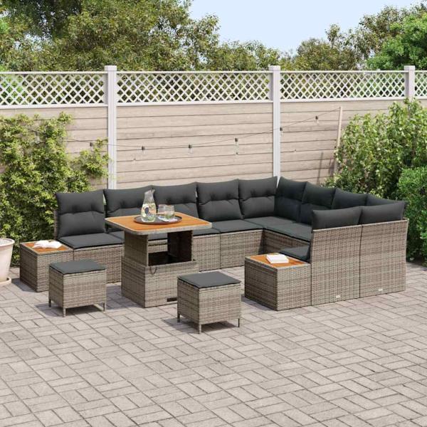 12-teiliges Garten Sofa Set mit Kissen Grau Poly-Rattan Akazie