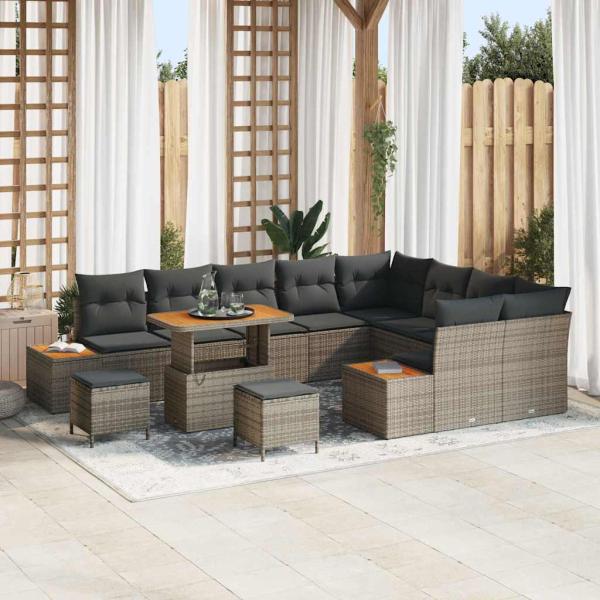 ARDEBO.de - 12-teiliges Garten-Sofa-Set mit Kissen Grau Poly-Rattan Akazie