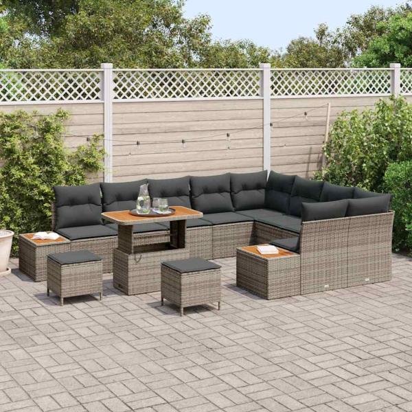 12-teiliges Garten-Sofa-Set mit Kissen Grau Poly-Rattan Akazie