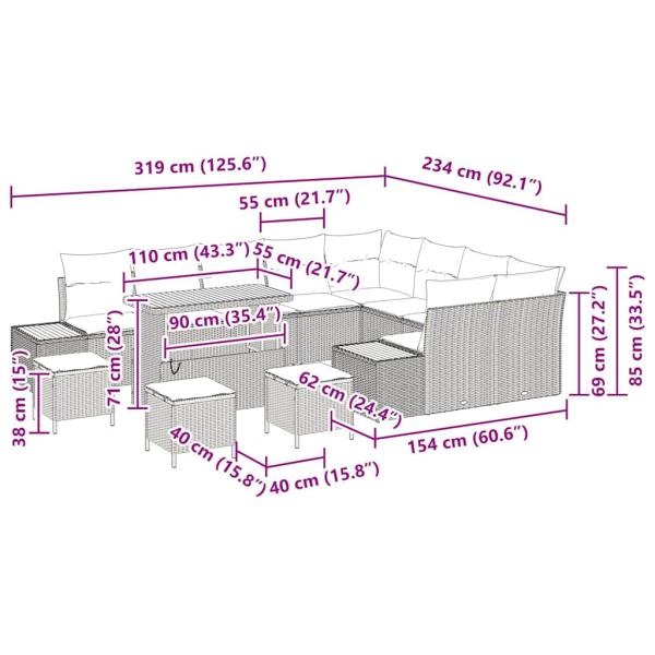 Gartensofa-set 13 stk. 12-Sitzanzahl Schwarz Poly Rattan