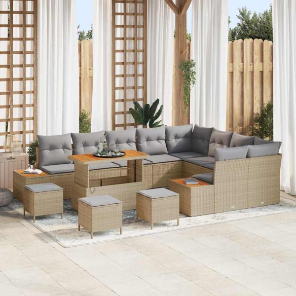 ARDEBO.de - 13-teiliges Garten-Sofa-Set mit Kissen Beige Poly Rattan