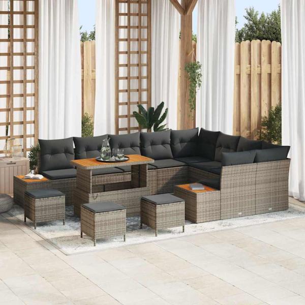 ARDEBO.de - 13-teiliges Garten-Sofa-Set mit Kissen Grau Poly-Rattan Akazie