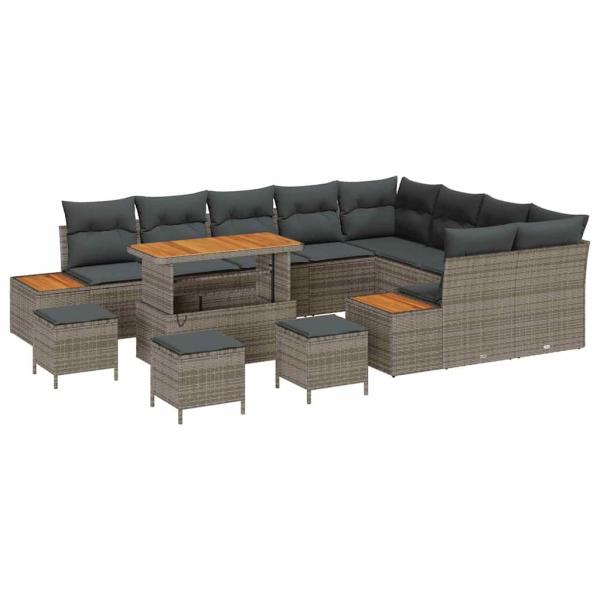 13-teiliges Garten-Sofa-Set mit Kissen Grau Poly-Rattan Akazie