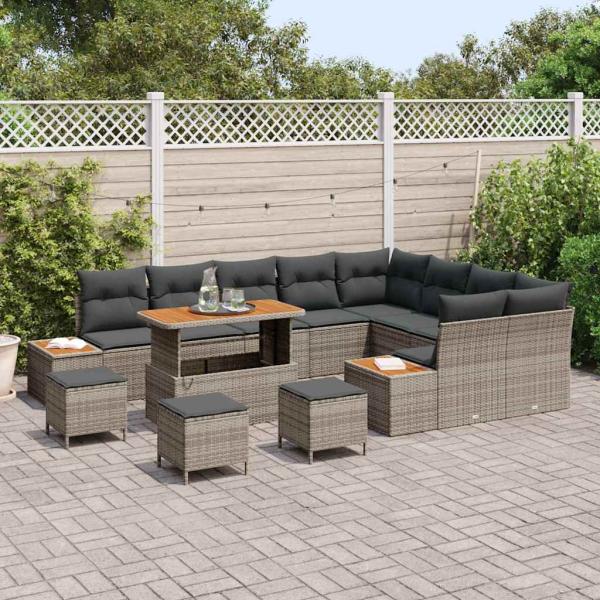 13-teiliges Garten-Sofa-Set mit Kissen Grau Poly-Rattan Akazie