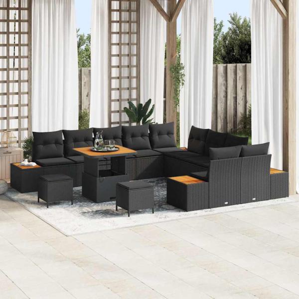 ARDEBO.de - 13-teiliges Garten-Sofa Set mit Kissen Schwarz Poly-Rattan Akazie