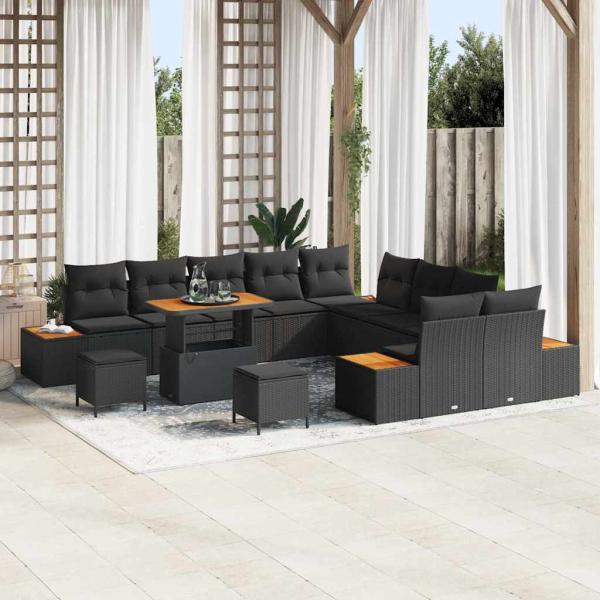 ARDEBO.de - 13-teiliges Garten-Sofaset mit Kissen Schwarz Poly-Rattan Akazie