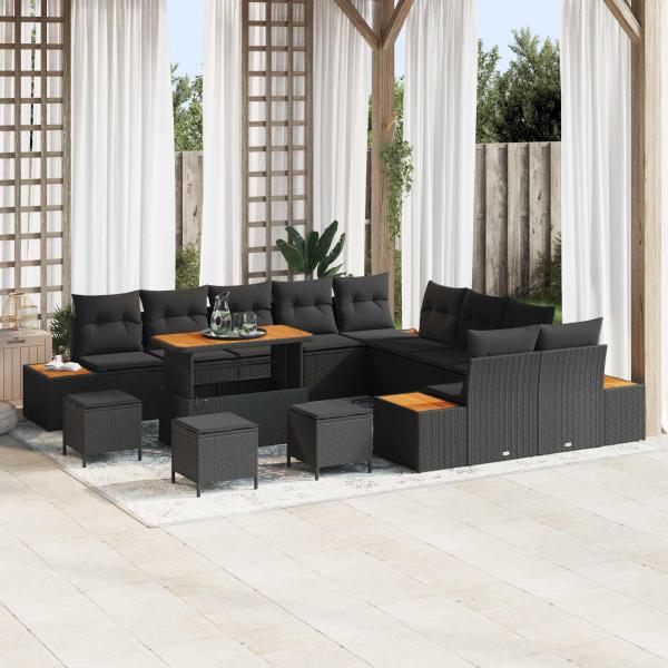 ARDEBO.de - 14-teiliges Garten Sofa Set mit Kissen Schwarz Poly Rattan Akazie