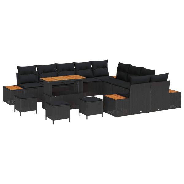 14-teiliges Garten Sofa Set mit Kissen Schwarz Poly Rattan Akazie
