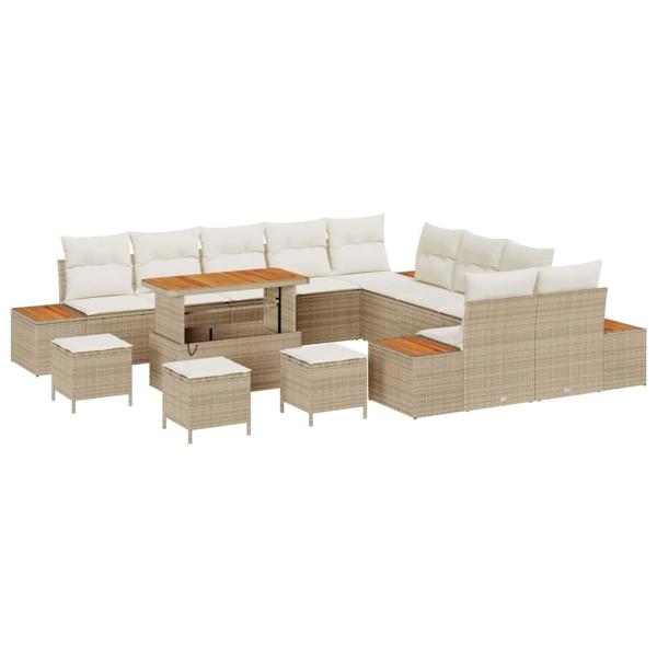 14-teiliges Garten Sofa Set mit Kissen Beige Poly Rattan Akazie