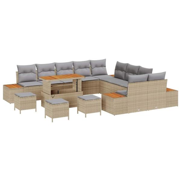 14-teiliges Garten Sofa Set mit Kissen Beige Poly Rattan Akazie