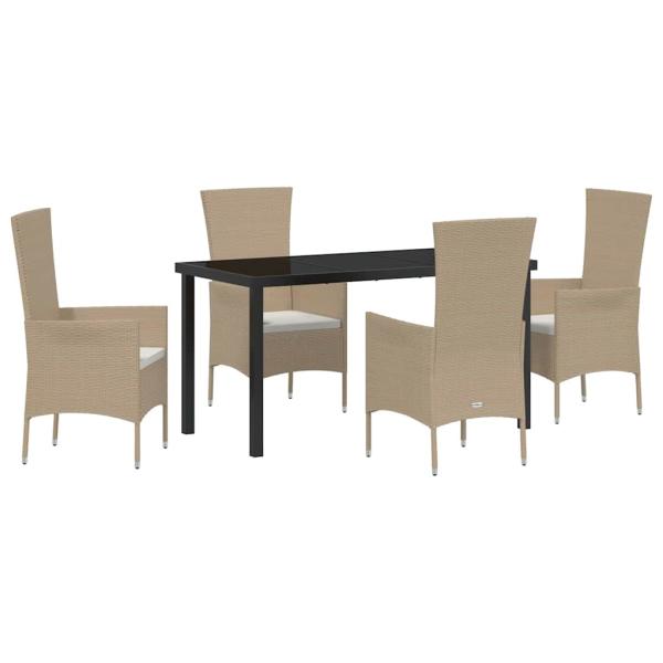 5-teiliges Garten Esszimmer Set mit Kissen Beige Poly Rattan