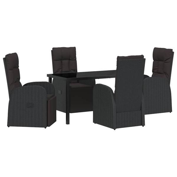 5-teiliges Garten-Ess-Set mit Kissen - Schwarzes Poly-Rattan