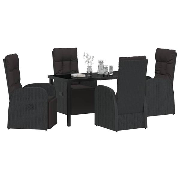 5-teiliges Garten-Ess-Set mit Kissen - Schwarzes Poly-Rattan