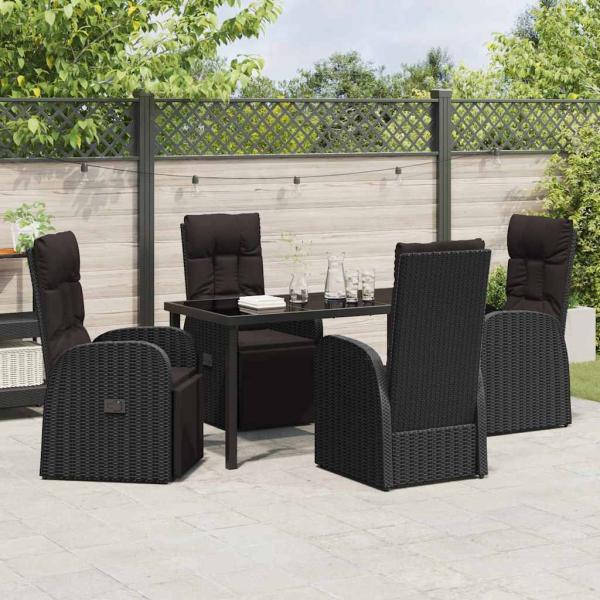 5-teiliges Garten-Ess-Set mit Kissen - Schwarzes Poly-Rattan