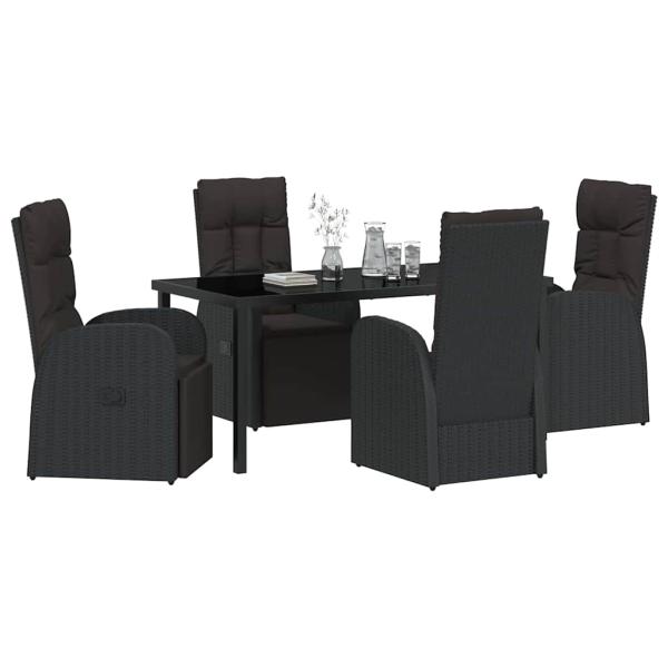 5-teiliges Garten-Ess-Set mit Kissen Schwarz Poly-Rattan