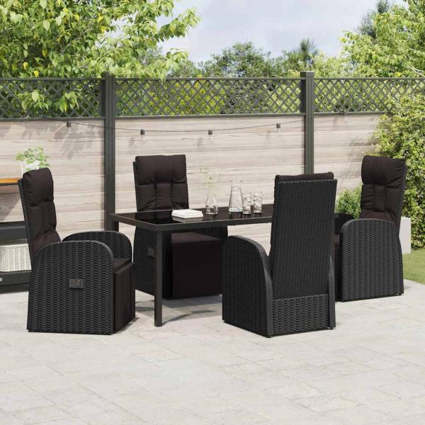 5-teiliges Garten-Ess-Set mit Kissen Schwarz Poly-Rattan
