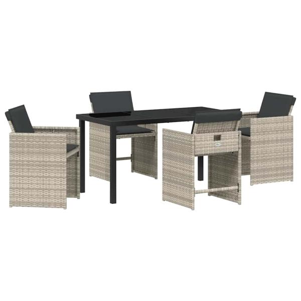 5-teiliges Garten-Essgruppen-Set mit Kissen hellgraues Poly-Rattan